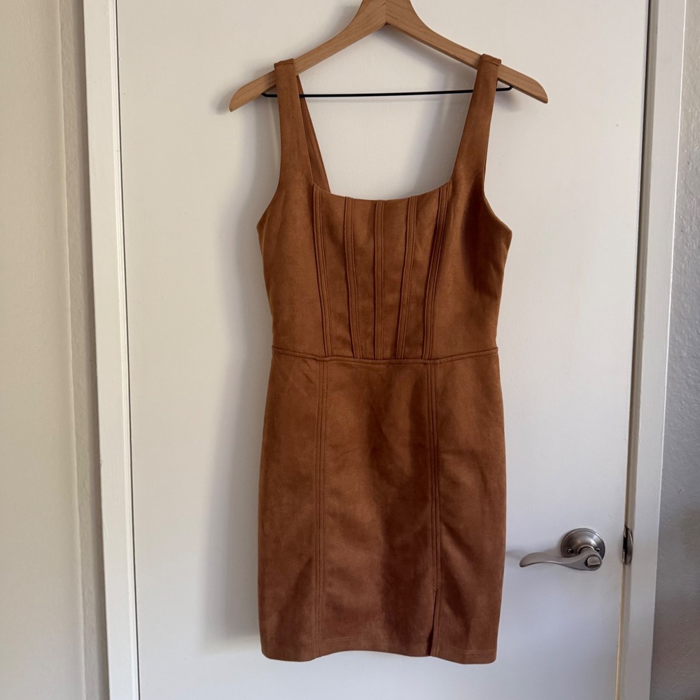 Brown Faux Suede Corset Mini Dress Square Neck Size M Coquette Fall Party